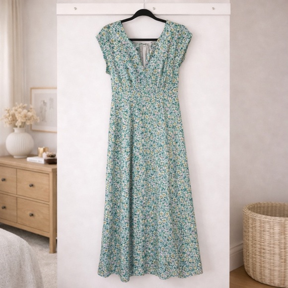 eshakti Dresses & Skirts - eShakti Custom Green Floral Cap Sleeve Cotton Maxi Dress Lined Size Medium